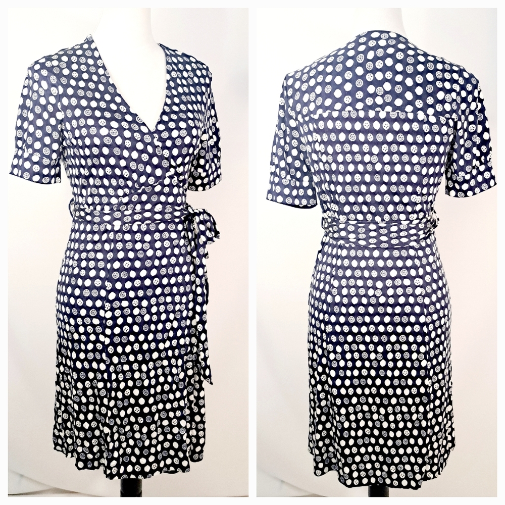 Lilly Pulitzer Downie Silk Knit Wrap Dress Citrus Squirt Navy White Silk Size 6